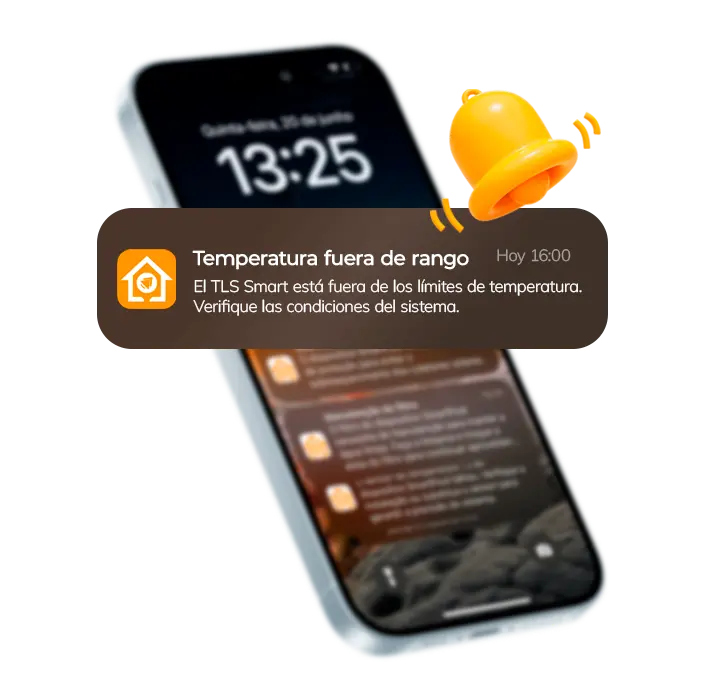 Teléfono inteligente que muestra una notificación de alerta del TLS Smart indicando temperatura fuera del límite configurado.