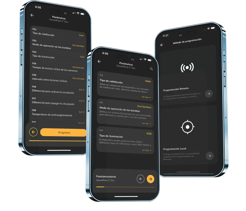 Tres teléfonos mostrando la interfaz de la app Tholz Casa Inteligente con los parámetros y modos de programación del sistema SmartPool.