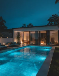 Piscina iluminada em azul durante a noite em uma casa moderna com fachada de vidro.