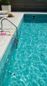 Piscina residencial com água azul cristalina, escada de inox e decoração de festa com confetes e serpentinas sobre a borda e dentro da água.