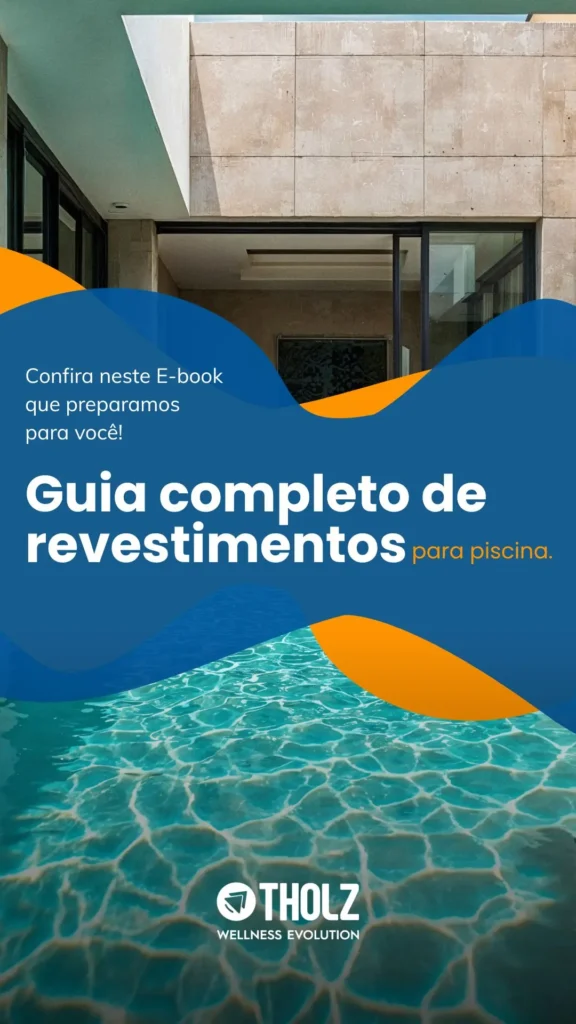 Capa de e-book Guia completo de revestimentos para piscina da Tholz, com piscina moderna e design arquitetônico.