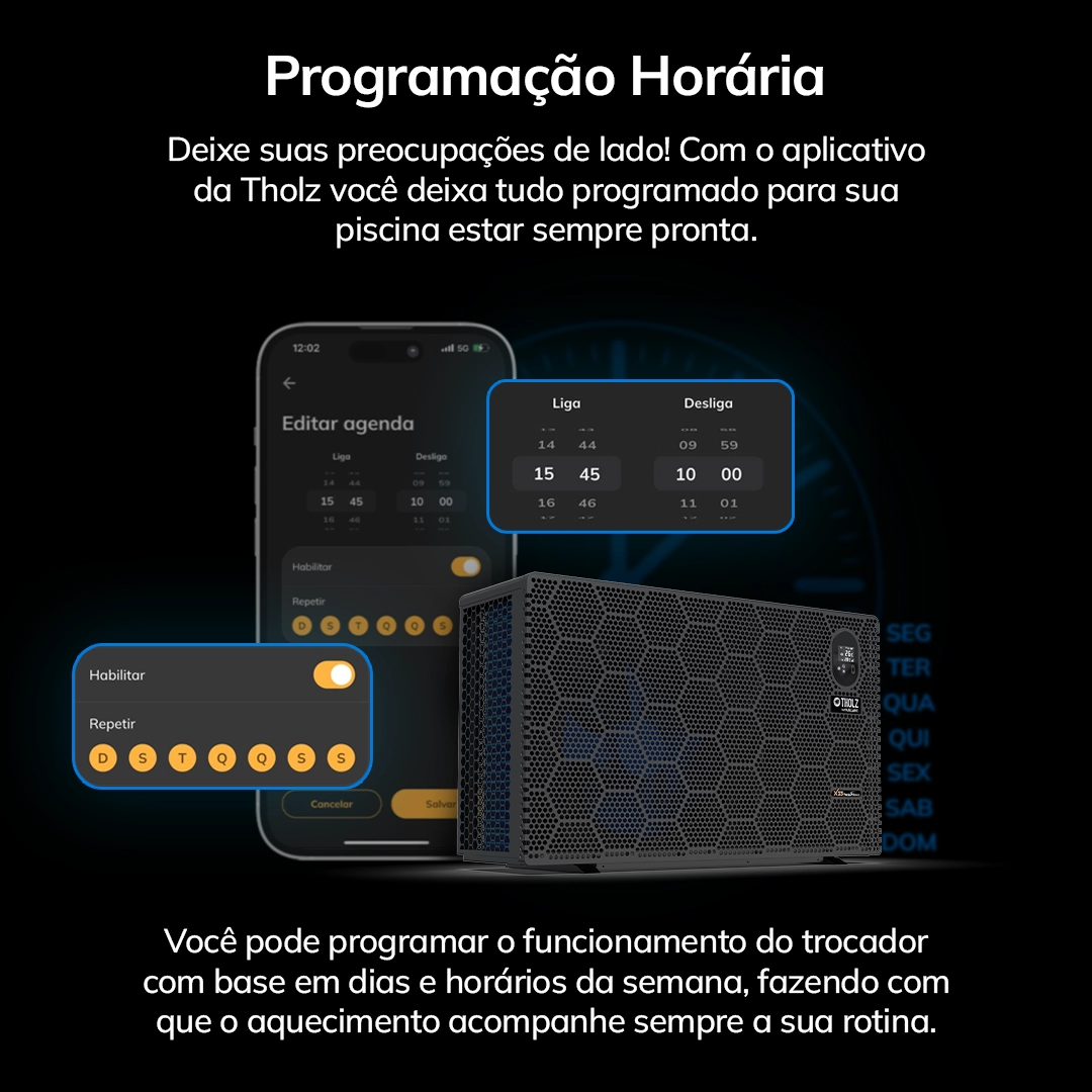 Programação horária do trocador de calor Tholz para aquecimento automático da piscina.