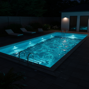 Piscina residencial iluminada à noite com luzes subaquáticas em tom azul, destacando a água cristalina e o ambiente externo moderno.