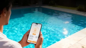 Pessoa controlando a temperatura da piscina pelo aplicativo no celular em uma piscina inteligente