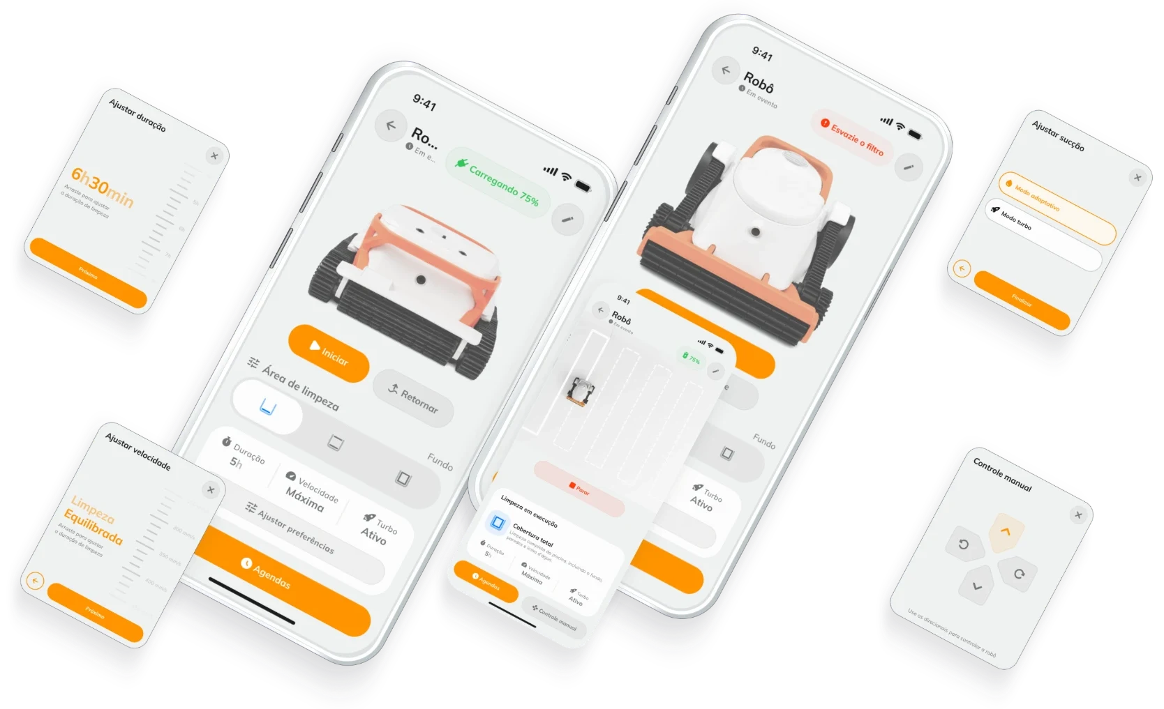 Telas do aplicativo Tholz Casa Inteligente controlando o robô limpador de piscina SmartClean: iniciar limpeza, área de limpeza, duração, velocidade, sucção, turbo e controle manual.